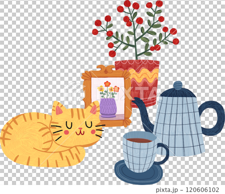 orange cat sleeping near berry plant, tea set, hand-drawn digital painting illustration orange cat sleeping near berry plant, tea set, hand-drawn digital painting illustration 120606102