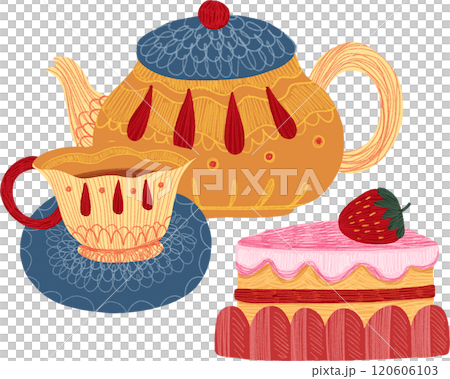 yellow teapot, teacup, strawberry cake, hand-drawn digital painting illustration 120606103