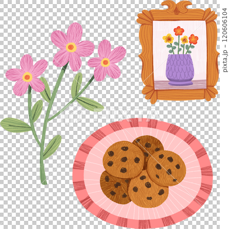 pink flowers, cookies, framed flower wall art, hand-drawn digital painting illustration 120606104