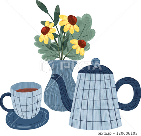 blue checkered teapot, tea cup, yellow flowers, hand-drawn digital painting illustration 120606105