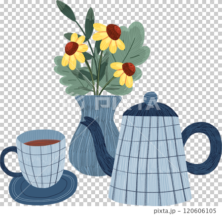 blue checkered teapot, tea cup, yellow flowers, hand-drawn digital painting illustration 120606105