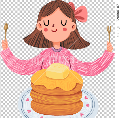 Smiling woman with bow eating pancakes, hand-drawn digital painting illustration Smiling woman with bow eating pancakes, hand-drawn digital painting illustration 120606107