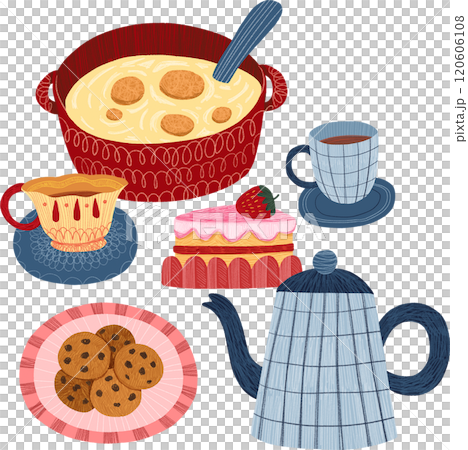 Blue checkered teapot, tea cup, cake, cookies, soup, hand-drawn digital painting illustration Blue checkered teapot, tea cup, cake, cookies, soup, hand-drawn digital painting illustration 120606108