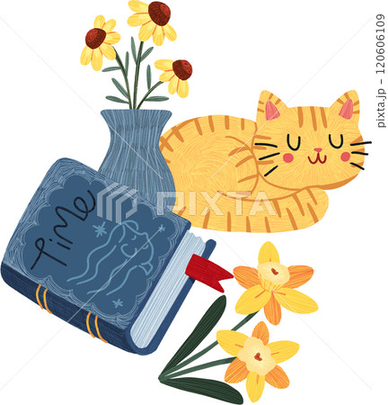 Happy cat, blue storybook and yellow cosmos flowers, hand-drawn digital painting illustration 120606109