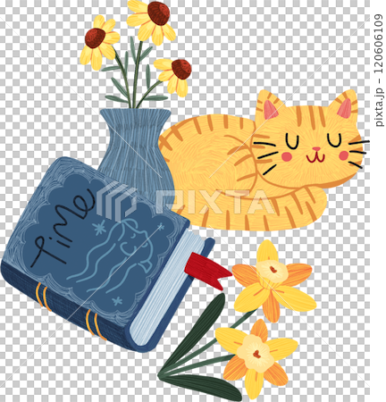 Happy cat, blue storybook and yellow cosmos flowers, hand-drawn digital painting illustration Happy cat, blue storybook and yellow cosmos flowers, hand-drawn digital painting illustration 120606109