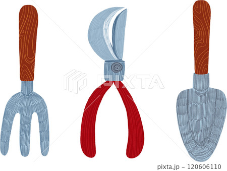 Gardening fork, pruning scissors, and garden trowel, hand-drawn digital painting illustration 120606110