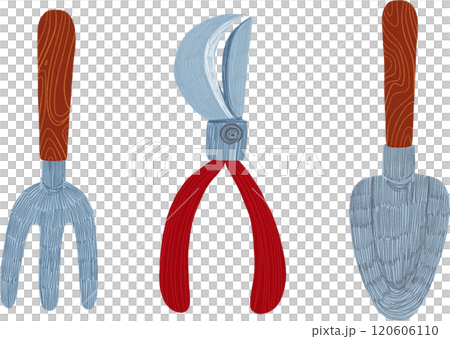 Gardening fork, pruning scissors, and garden trowel, hand-drawn digital painting illustration 120606110