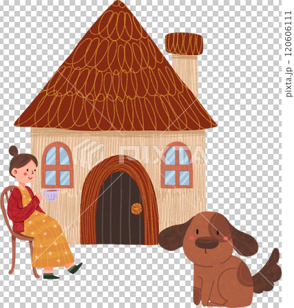 small house with brown-red roof, woman and dog, hand-drawn digital painting illustration small house with brown-red roof, woman and dog, hand-drawn digital painting illustration 120606111