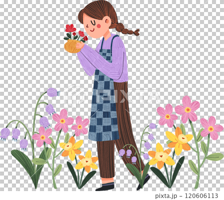 smiling woman surrounded by various colorful flowers, hand-drawn digital painting illustration 120606113