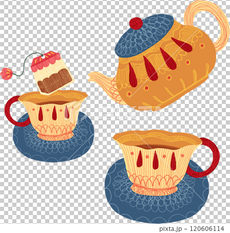 yellow teapot and teacup on saucer, charming set, hand-drawn digital painting illustration 120606114