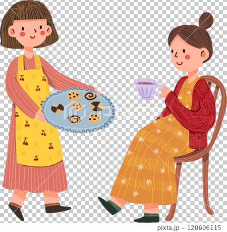 one woman with cookie tray, one  woman with teacup, hand-drawn digital painting illustration 120606115