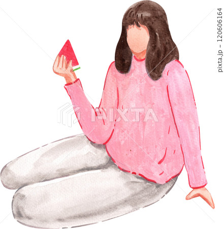 Woman happily sipping wine, watercolor painting hand-drawn illustration 120606164