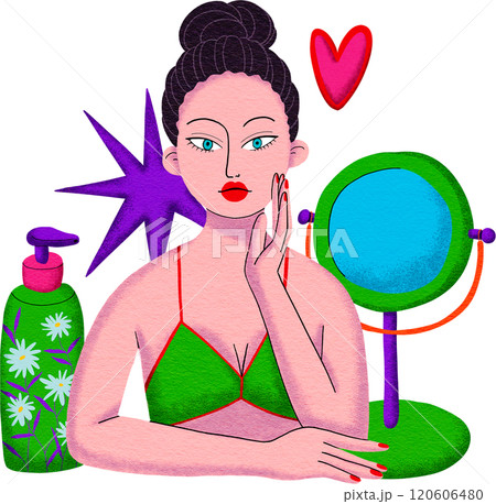 Beautiful woman touches her wearing a green camisole, Digital painting bold colors, pop style 120606480