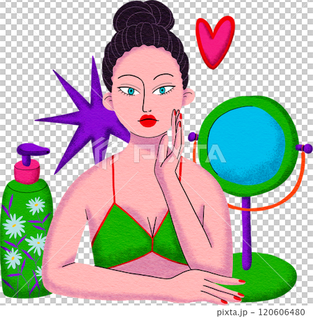 Beautiful woman touches her wearing a green camisole, Digital painting bold colors, pop style 120606480