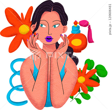 Beautiful woman touches wearing a blue camisole, Digital painting bold colors, pop style 120606481