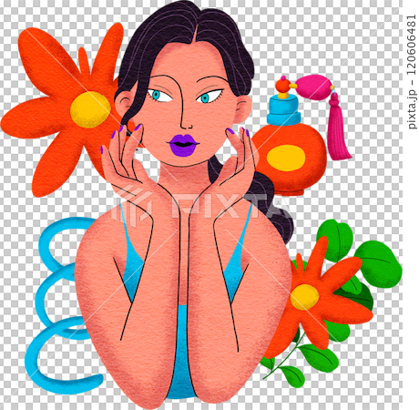 Beautiful woman touches wearing a blue camisole, Digital painting bold colors, pop style 120606481