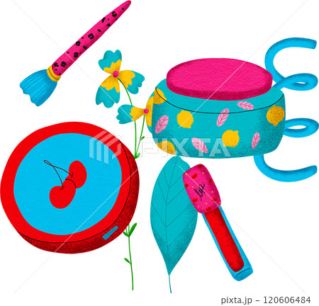 Digital painting of cosmetics with cartoon lines, bright colors, in pop style. Digital painting of cosmetics with cartoon lines, bright colors, in pop style. 120606484