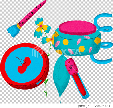 Digital painting of cosmetics with cartoon lines, bright colors, in pop style. Digital painting of cosmetics with cartoon lines, bright colors, in pop style. 120606484