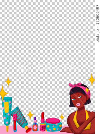 Vertical frame woman and cosmetics,  with cartoon lines, bright colors in a pop art style 120606497