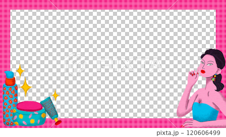 Horizontal frame woman and cosmetics, with cartoon lines, bright colors in a pop art style 120606499