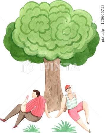 man sips wine while sitting under a tree, enjoying the view, hand-drawn watercolor illustration 120606718