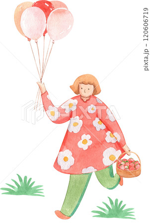 a woman in a floral shirt runs happily  120606719