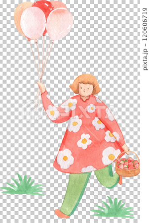 a woman in a floral shirt runs happily  120606719