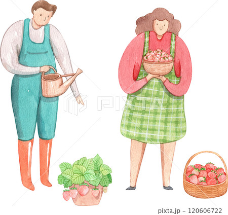a man waters plants while a woman holds a bowl  120606722