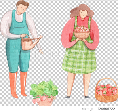 a man waters plants while a woman holds a bowl  120606722