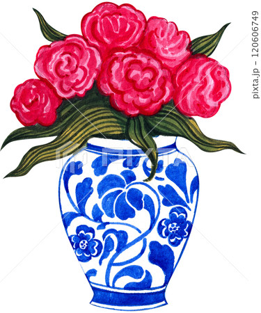 ceramic vase with blue and red flowers arranged, hand-drawn watercolor illustration 120606749