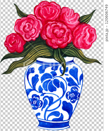 ceramic vase with blue and red flowers arranged, hand-drawn watercolor illustration 120606749