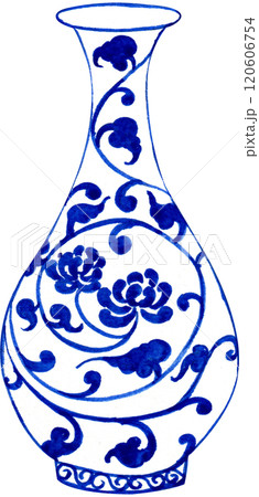 white vase with blue floral vine pattern curled in a circle, hand-drawn watercolor illustration 120606754