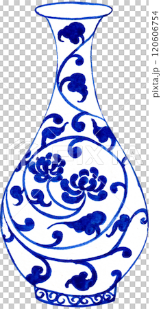 white vase with blue floral vine pattern curled in a circle, hand-drawn watercolor illustration 120606754