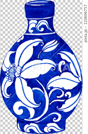 blue ceramic vase with white floral pattern inside, hand-drawn watercolor illustration blue ceramic vase with white floral pattern inside, hand-drawn watercolor illustration 120606757