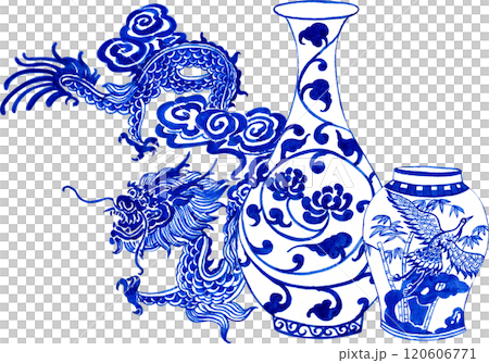 white vases with blue vine dragon flying chinese porcelain, hand-drawn watercolor illustration white vases with blue vine dragon flying chinese porcelain, hand-drawn watercolor illustration 120606771
