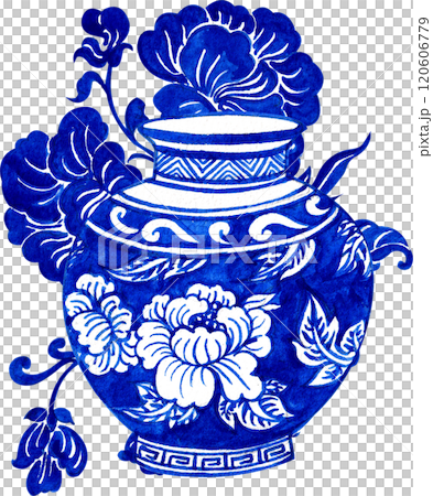 cerulean vase with peony blooms, chinese porcelain, hand-drawn watercolor illustration 120606779