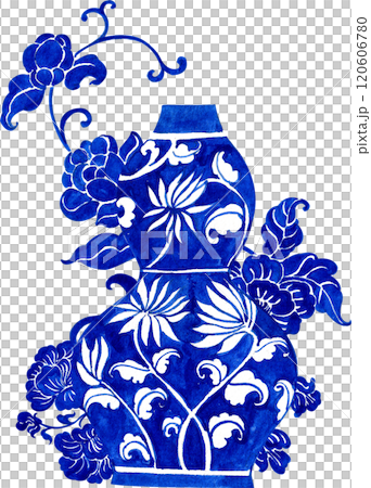 gourd-shaped vase with blue flower, chinese porcelain, hand-drawn watercolor illustration 120606780