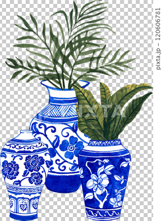 vases with blue floral leaves, and leaves, chinese porcelain, hand-drawn watercolor illustration 120606781