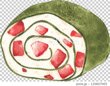 matcha crape cake roll  filled with cream and strawberries, hand-drawn watercolor illustration 120607005