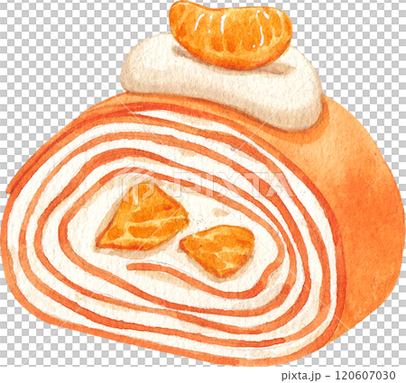 orange crepe cake roll, hand-drawn watercolor illustration 120607030