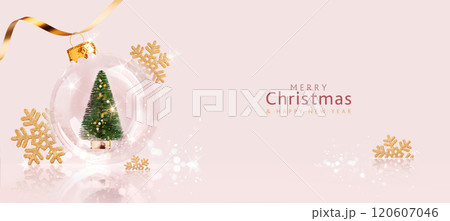 Christmas banner in pastel pink with transparent ball and gold decoration. Xmas design of Christmas tree inside transparent snow globe, horizontal banner, header for the site 120607046