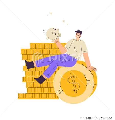 Rich Man Character Sit on Pile of Golden Coin Vector Illustration Rich Man Character Sit on Pile of Golden Coin Vector Illustration 120607082