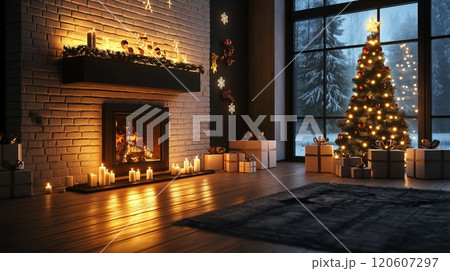 A cozy Christmas living room with fireplace A cozy Christmas living room with fireplace 120607297