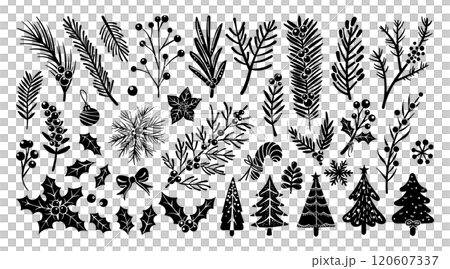 Set of Isolated Christmas Plants and Tree Decorations in Hand-Drawn Doodle Style on transparent background. Volume 2: Trees, Pine Branches, and Holly in black silhouette style. Set of Isolated Christmas Plants and Tree Decorations in Hand-Drawn Doodle Style on transparent background. Volume 2: Trees, Pine Branches, and Holly in black silhouette style. 120607337