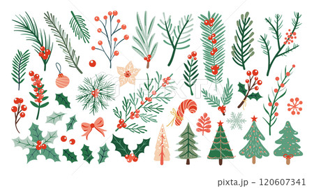 Set of Isolated Christmas Plants and Tree Decorations in Hand-Drawn Doodle Style on transparent background. Volume 2: Trees, Pine Branches, and Holly in red and green color tones. Set of Isolated Christmas Plants and Tree Decorations in Hand-Drawn Doodle Style on transparent background. Volume 2: Trees, Pine Branches, and Holly in red and green color tones. 120607341