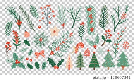 Set of Isolated Christmas Plants and Tree Decorations in Hand-Drawn Doodle Style on transparent background. Volume 2: Trees, Pine Branches, and Holly in red and green color tones. Set of Isolated Christmas Plants and Tree Decorations in Hand-Drawn Doodle Style on transparent background. Volume 2: Trees, Pine Branches, and Holly in red and green color tones. 120607341