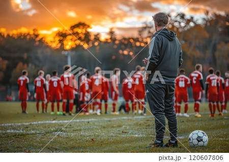 Team in red jerseys warming up before the game under the setting sun Team in red jerseys warming up before the game under the setting sun 120607806