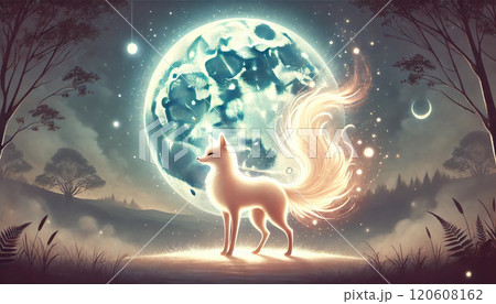 月夜に輝く幻想のキツネ_1のイラスト素材 [120608162] - PIXTA