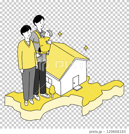 宮城県の地図と若い家族・家のイラスト、ベクター 宮城県の地図と若い家族・家のイラスト、ベクター 120608183