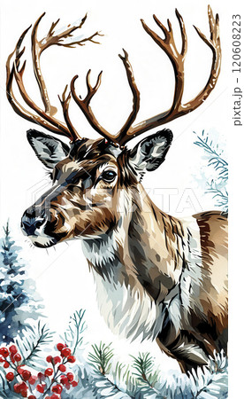 Reindeer standing amidst winter foliage, showcasing majestic antlers during a snowy season 120608223